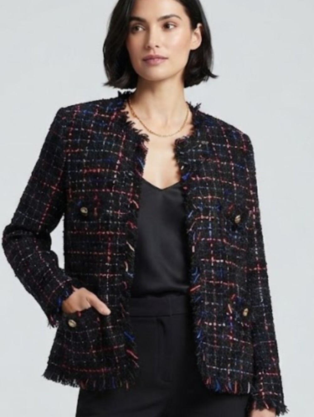 Halogen Black Tweed Fringed Blazer with Multicolor Thread